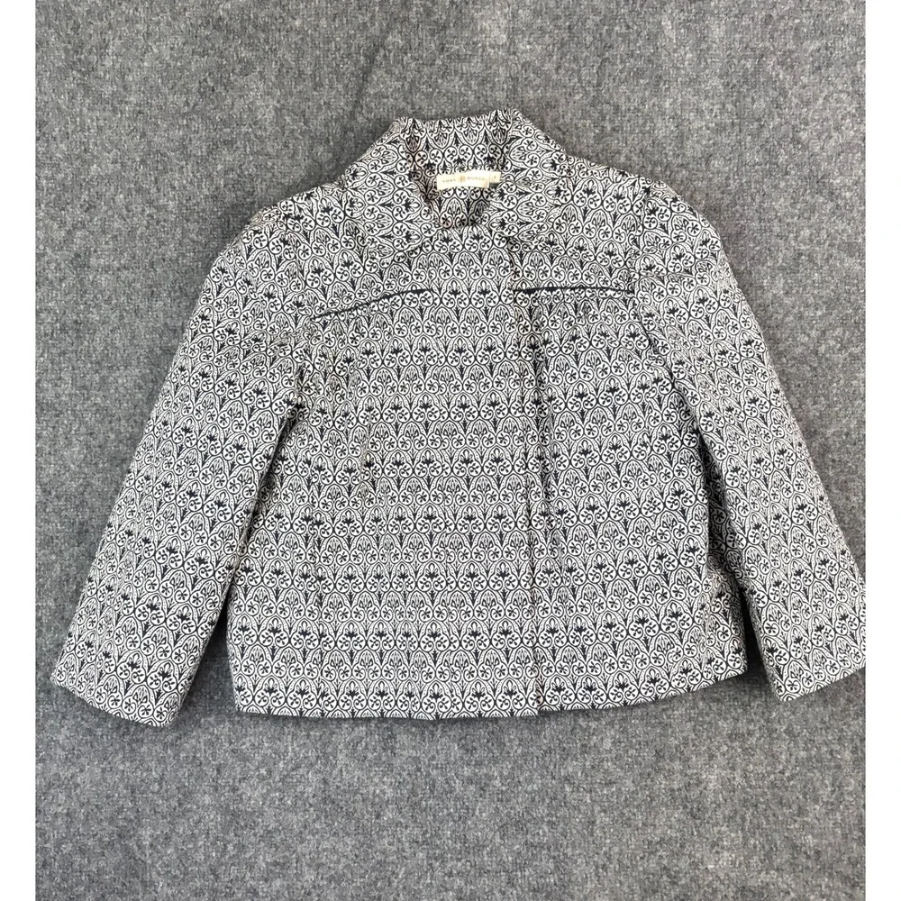 Tory Burch Heidi‎ Jacquard Blazer Jacket Blue Beige Printed Cotton Blend Size 8
